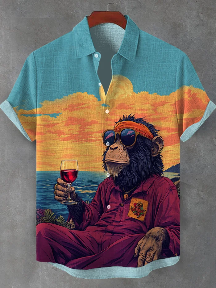 Men's Chilling Hippie Soul Monkey Red Wine Art Print Shirt