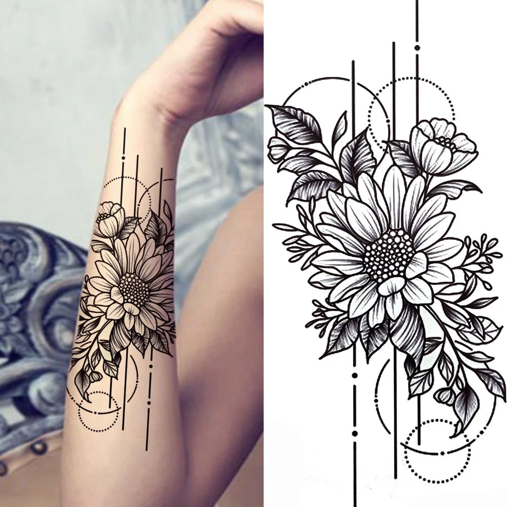 Dragon with Red Rose Tattoo Sticker Realistic Fox Snake Sword Geometric Temporary Tattoo For Women Fake Chains Black Tatoo 515-1