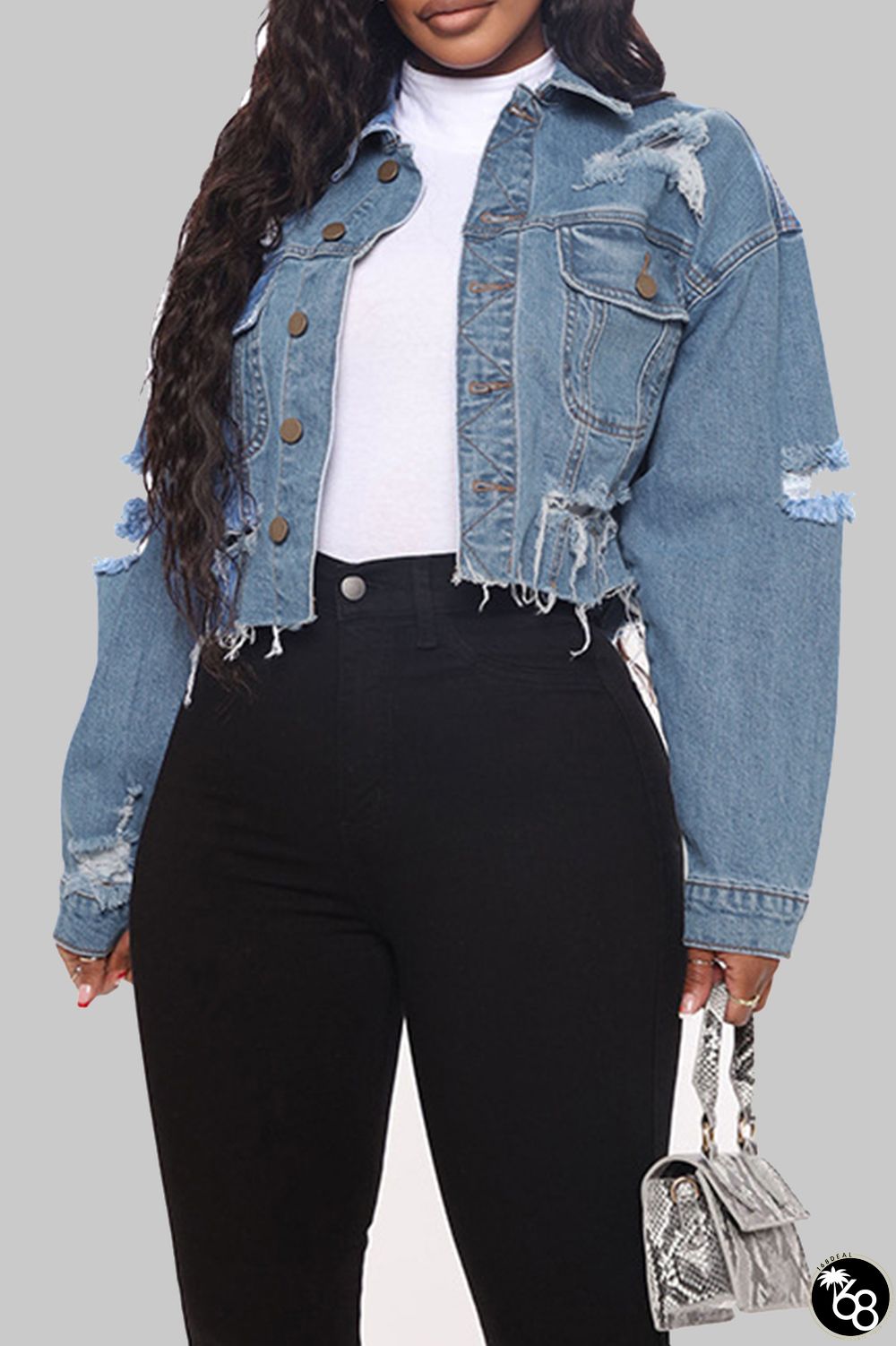 Street Solid Ripped Patchwork Buckle Turndown Collar Long Sleeve Regular Denim Jacket | 168DEAL