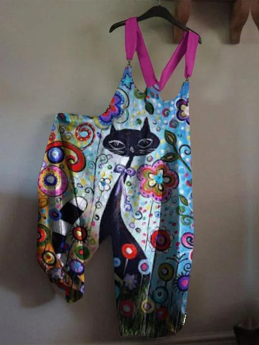 Retro print casual loose overalls