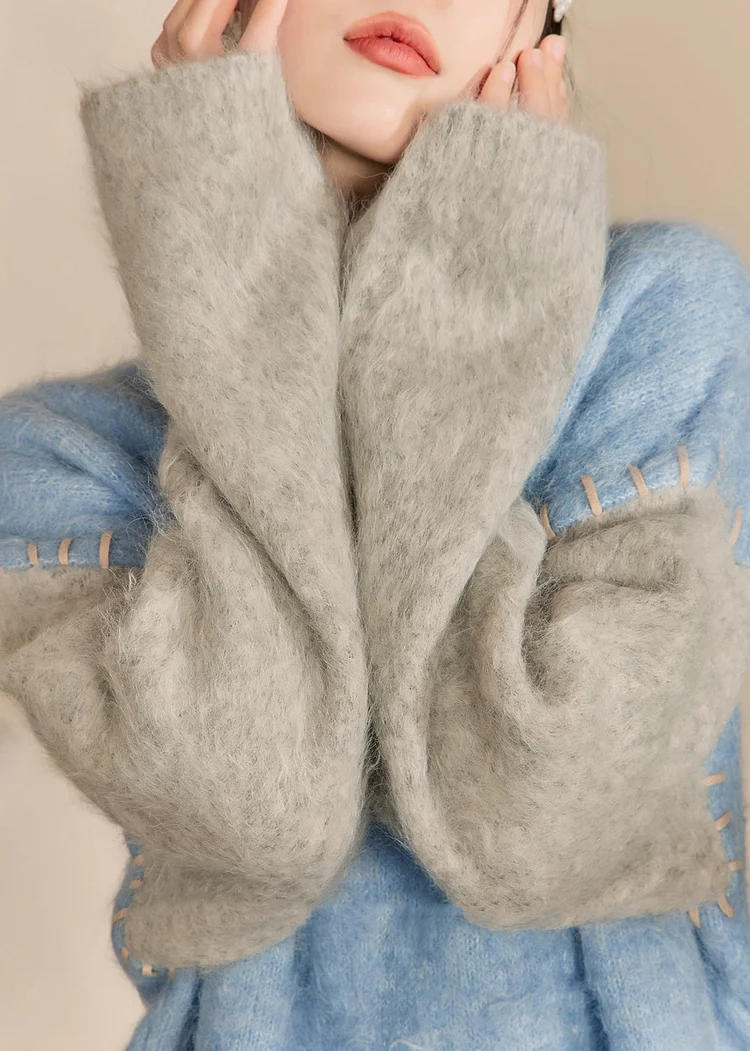 Loose Blue O-Neck Patchwork Thick Cotton Knit Sweaters Winter