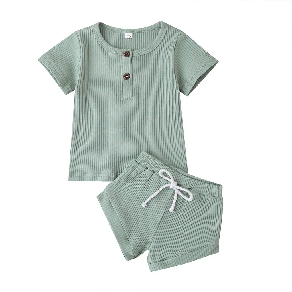 2020 Baby Summer Clothing Child Infant Baby Girls Boys Clothing Short Sleeve Solid Color Ribbed Top T Shirt Shorts Clothes