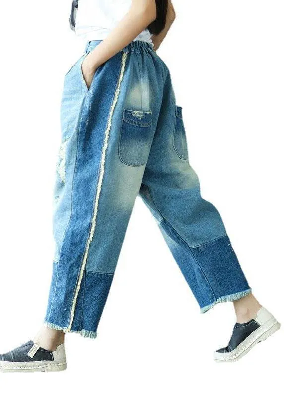 Art Blue Pockets Button Hole Fall Patchwork Pants