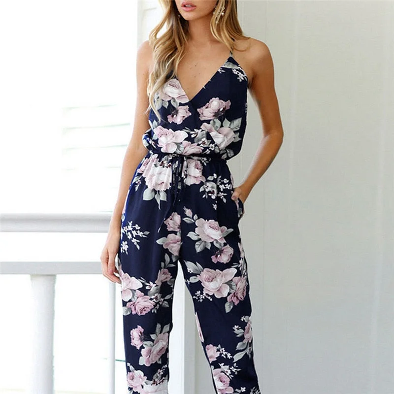 Women Jumpsuit Sleeveless Strappy V-Neck Floral Romper Overalls Fashion Summer Ladies Backless Pencil Trousers Jumpsuit