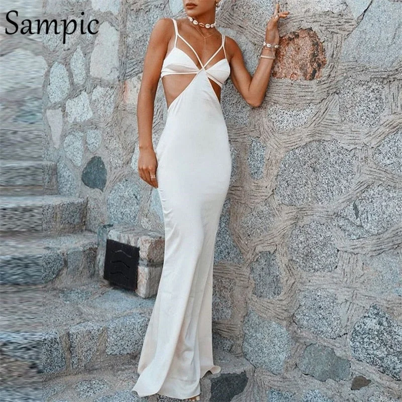 Sampic Sexy Women Stain Long Party Strap Club Wrap Hollow Out Bodycon Dress Split Off Shoulder V Neck Cut Out Dress Summer 2021