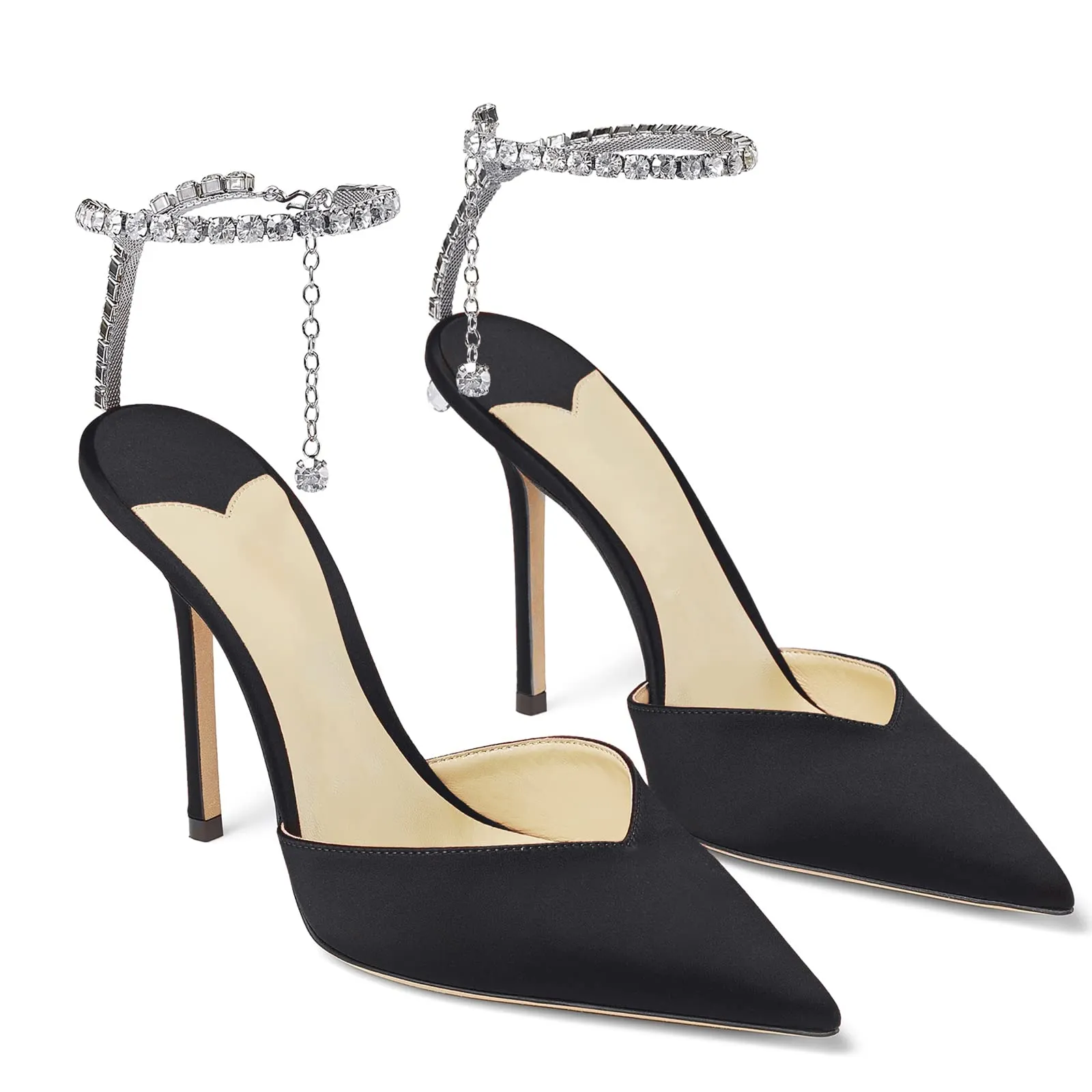100mm Women's Sandals Crystal Chain Ankle Straps Rhinestones Buckle Heels Stiletto Satin Dress Shoes-vocosishoes
