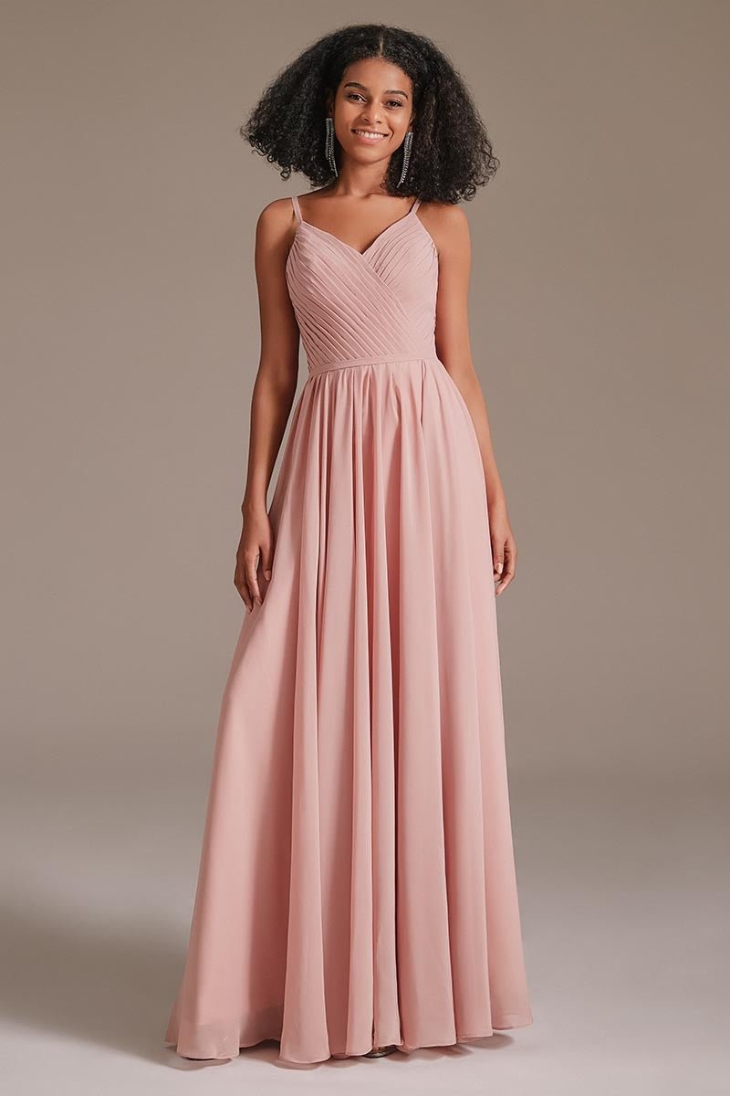 Pleated Spaghetti-Straps Chiffon Pink Bridesmaid Dress | Ballbellas Ballbellas
