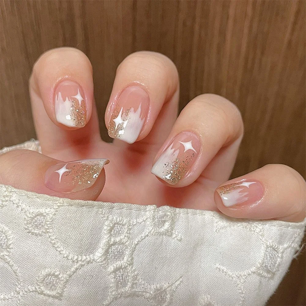 24pcs/box Middle length Ballet nude pink Color false nails with design with heart pattern artificial nails with jelly glue-Nail Inspo