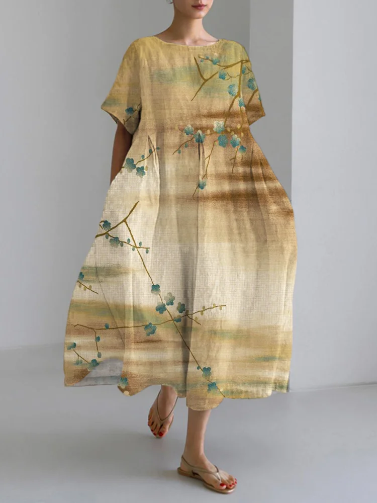 Comstylish Plum Blossom Japanese Art Linen Blend Maxi Dress