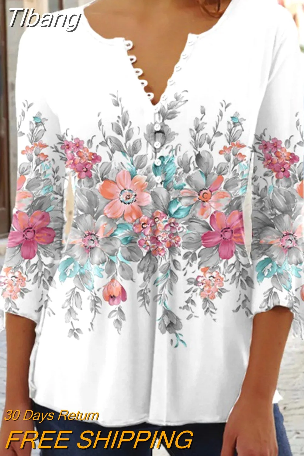 Tlbang Floral Print Summer Blouse Women Elegant Simple Shirt V Neck Button 3/4 Length Sleeve Casual Holiday Basic Tops 27573