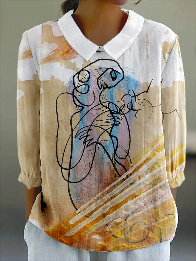 Womens Artistic Abstract Line Face Pattern Casual Cotton And Linen Top