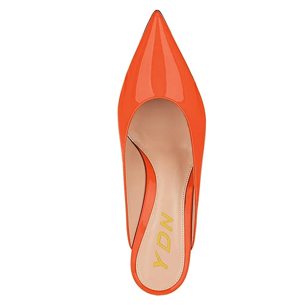 Orange Patent Leather Kitten Heeled Mules with Pointed Toe