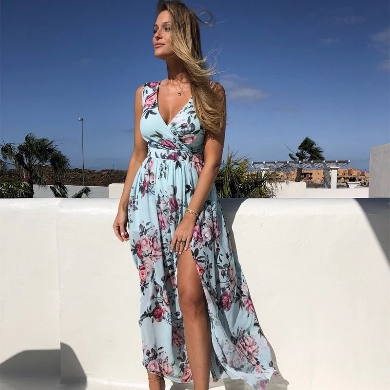 Graduation Gifts   2022 New Women V Neck Open Fork Dress Floral Print Long Dress Summer Sleeveless Party Pink Chiffon Elegant Casual Maxi Dresses