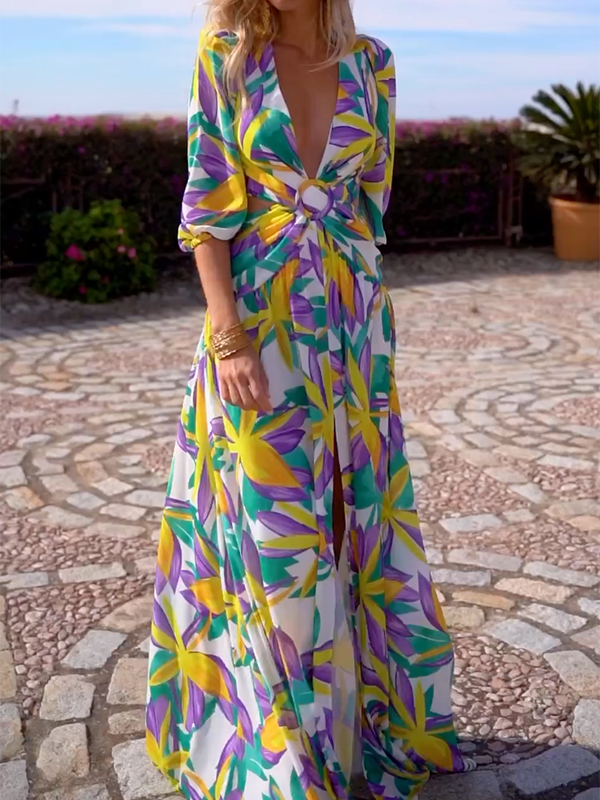 Belly-Hollow Floral Printed Plunging Half Sleeves Maxi Dresses