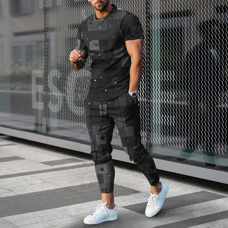 Men's Abstract Geometric Line Splice Casual Short Sleeve T-Shirt And Pants