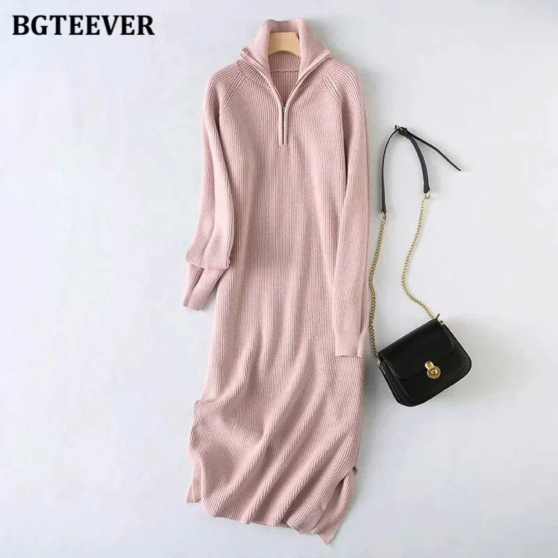 BGTEEVER Casual Thicken Turtleneck Zippers Women Knitted Dress 2021 Autumn Winter Long Sleeve Side Split Female Sweater Dress