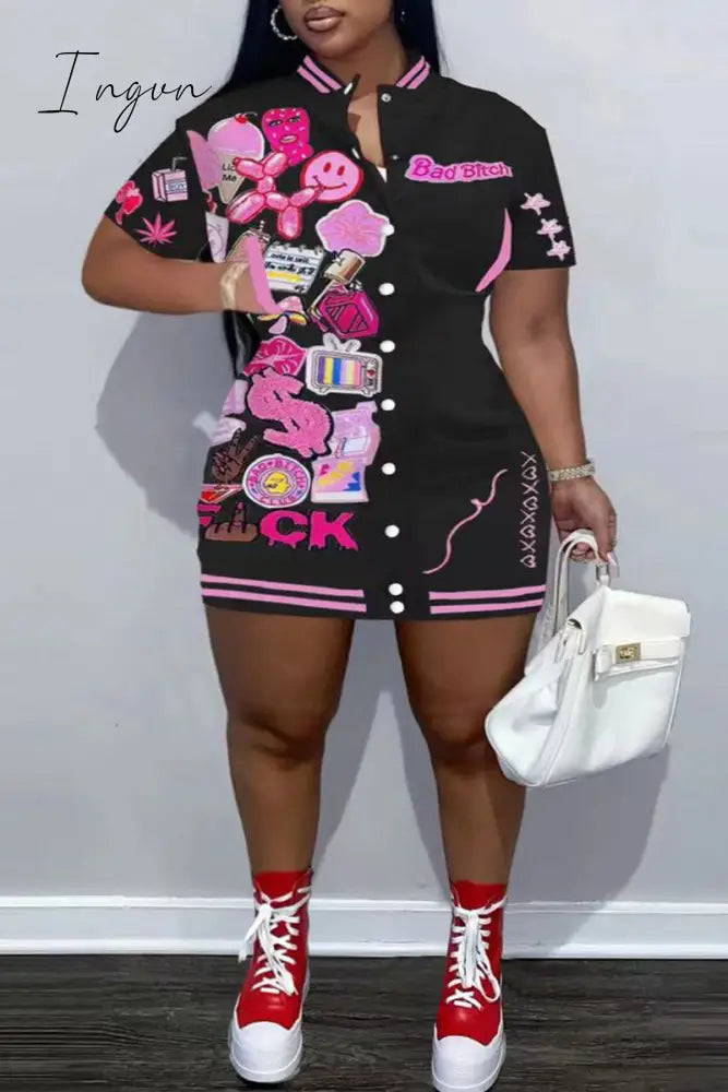 Ingvn - Black Casual Print Patchwork O Neck Short Sleeve Dress Plus Size Dresses / Xl Plus Size