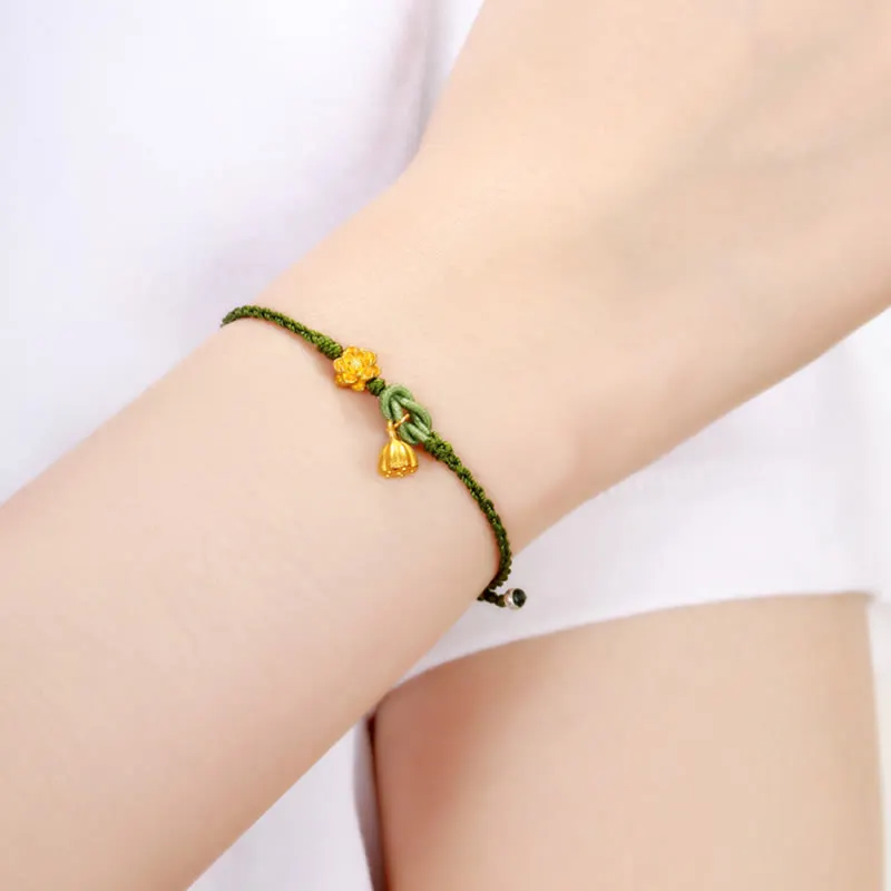 Handmade 999 Gold Lotus Flower Pod New Beginning Braid String Bracelet