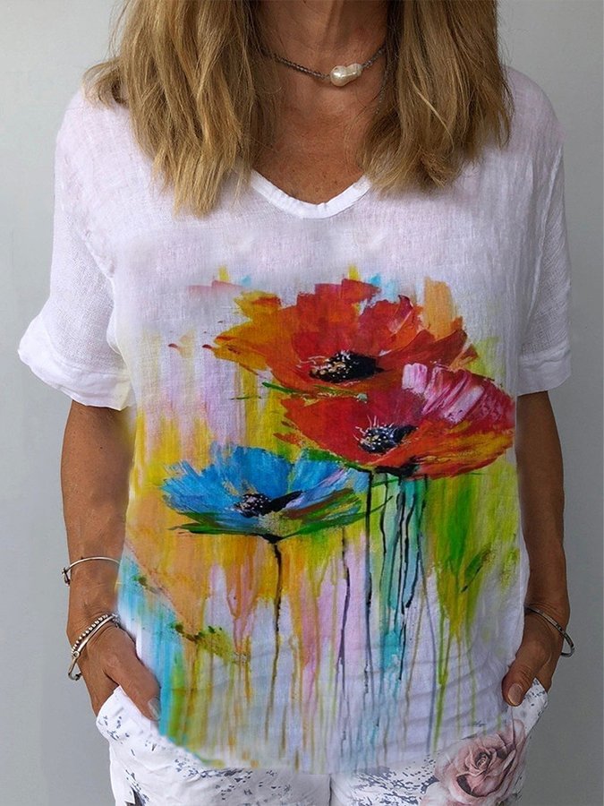 Women's Plant Floral Print Cotton and Linen T-Shirt