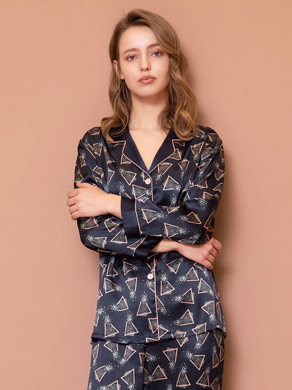 Leaking Triangle Printed Silk Pajamas Set For Women-Luxury Silk Life