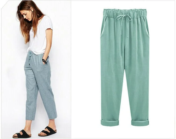 Plus Size Solid Color Elastic Waist Loose Cropped Trousers