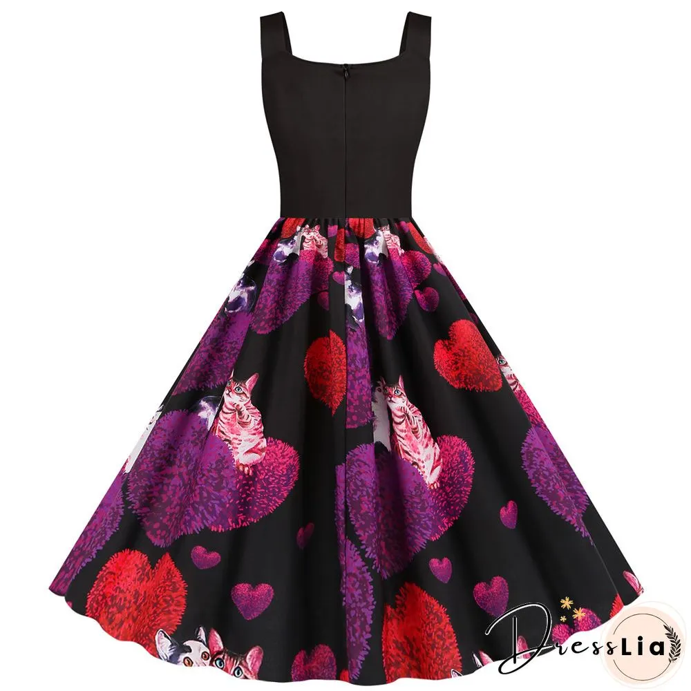 Sweet Heart Print Swing Vintage Women Summer Dress Sexy Halter Retro Rockabilly Rave Party