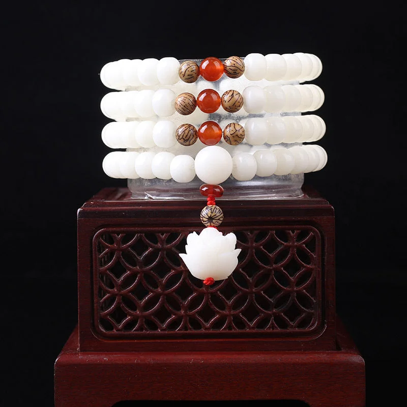 White Bodhi Seed Mala 108 Beads Luck Bracelet Necklace