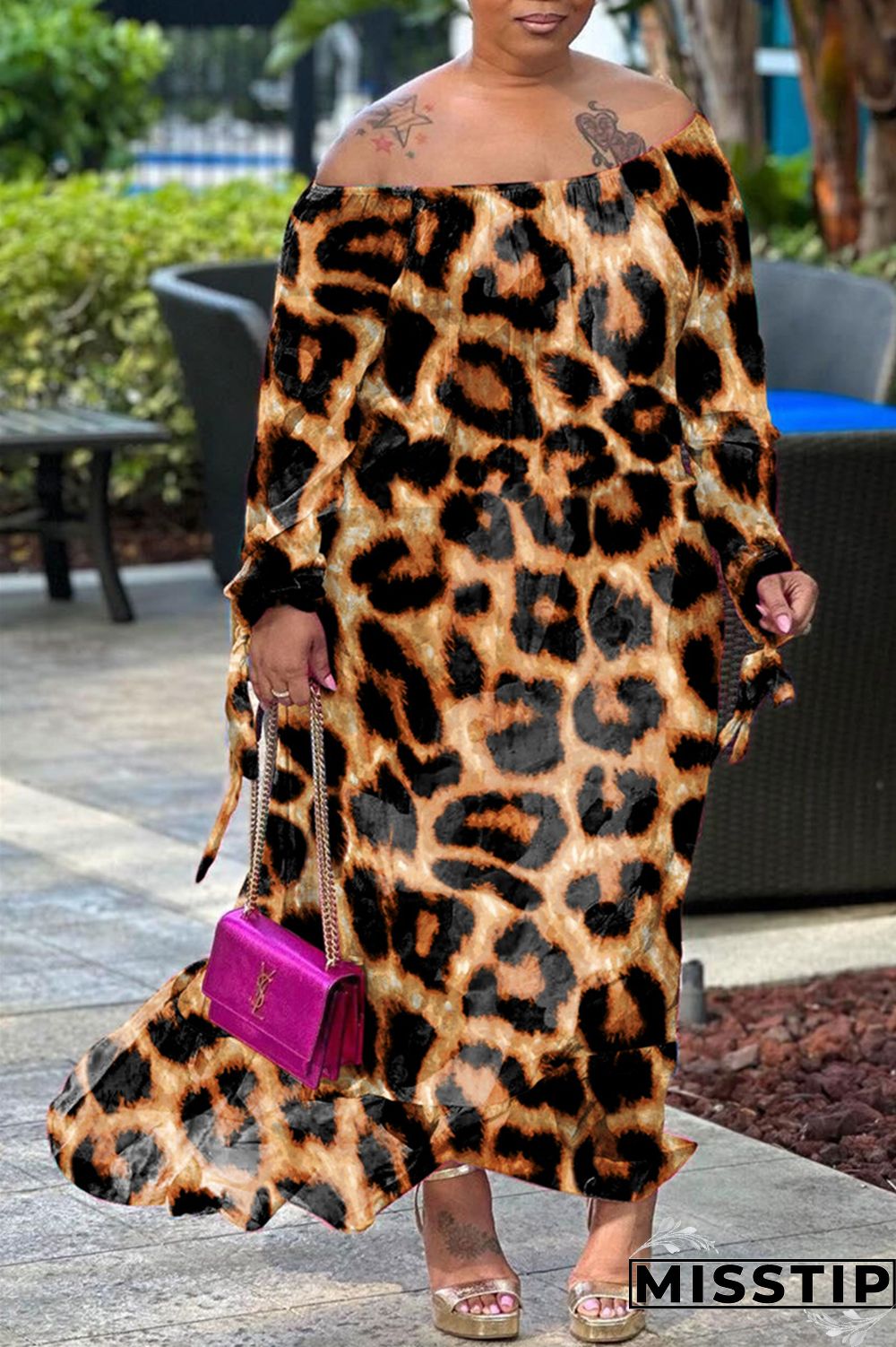 Leopard Print Casual Print Backless Off the Shoulder Long Sleeve Dresses