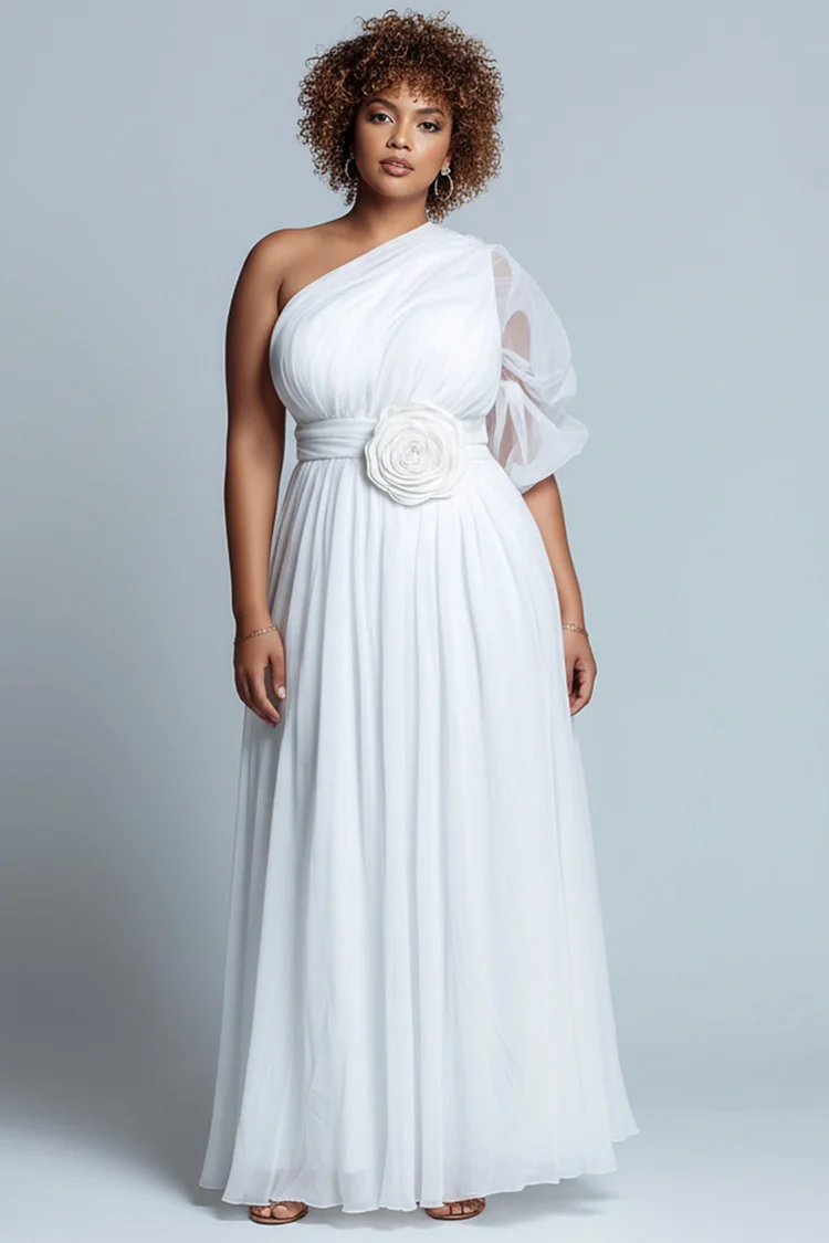 Xpluswear Design Plus Size Wedding White One Shoulder Short Sleeve 3D See Through Chiffon Maxi Dresses [Pre-Order] 2024 - Xpluswear