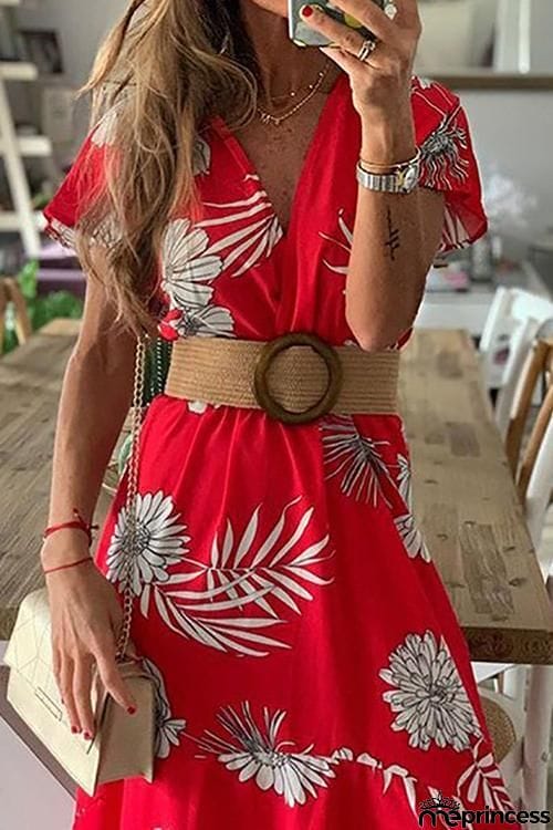 Floral Print V Neck Dress With Belt