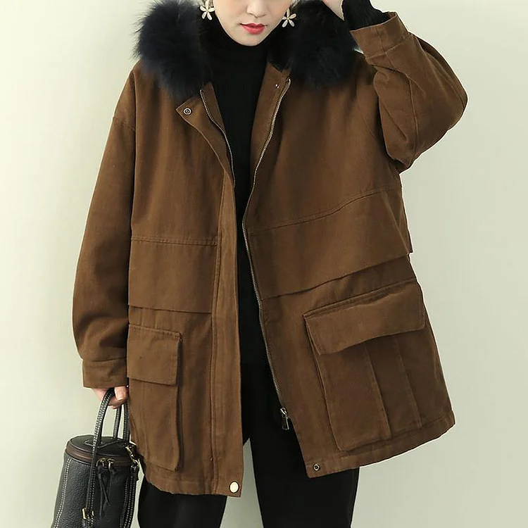 thick brown winter parkas casual snow jackets winter faux fur collar overcoat