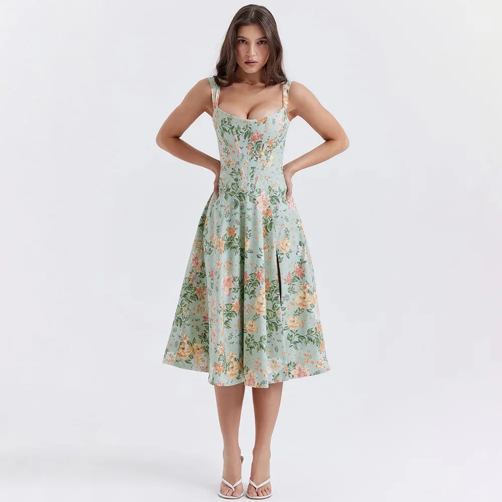 Brownm Floral Corset Midi Dress