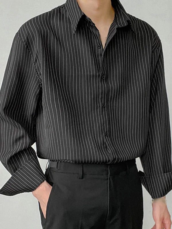 Aonga - Mens Striped Print Long Sleeve Button Lapel Shirt J