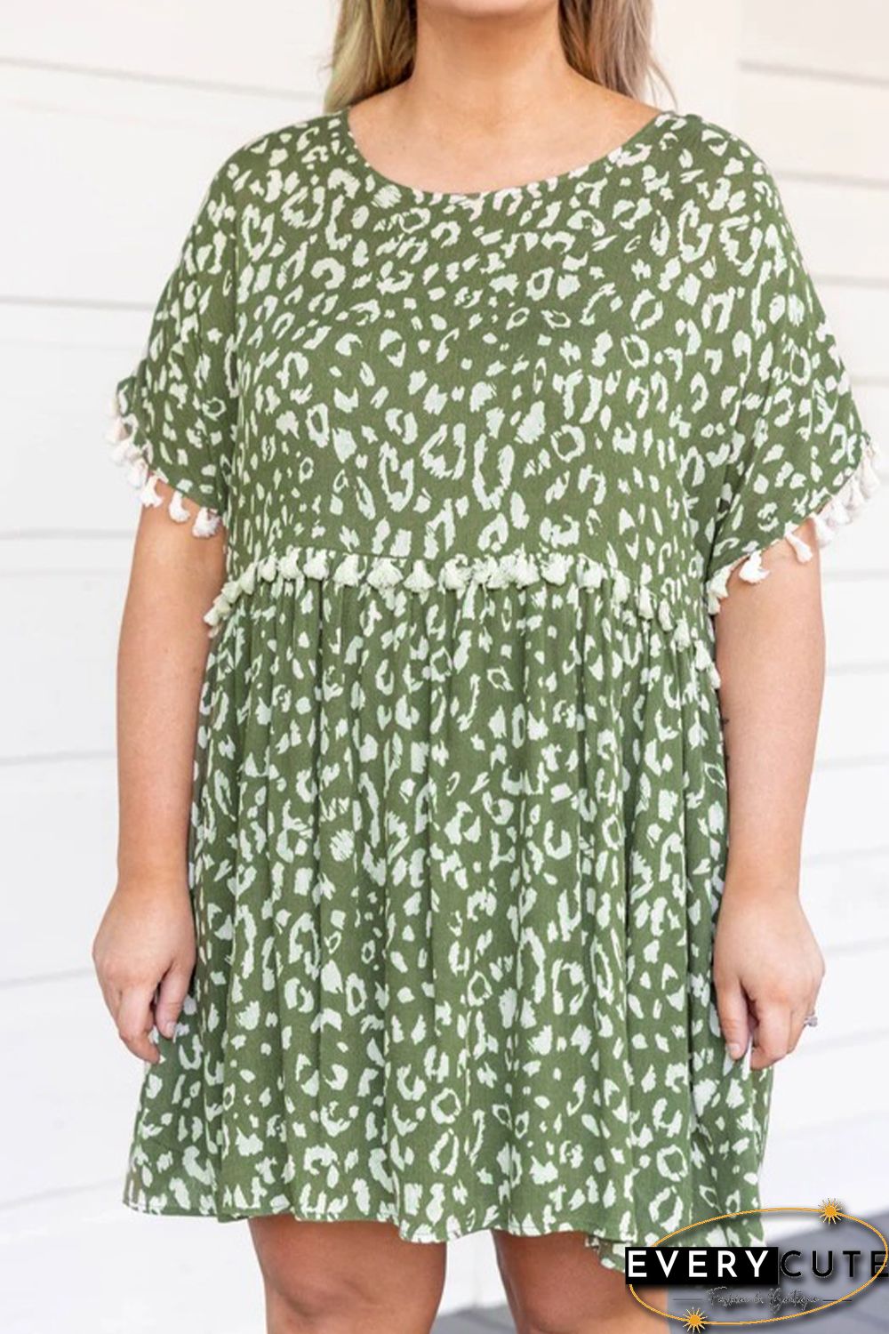 Green Plus Size Leopard Tassel Dress