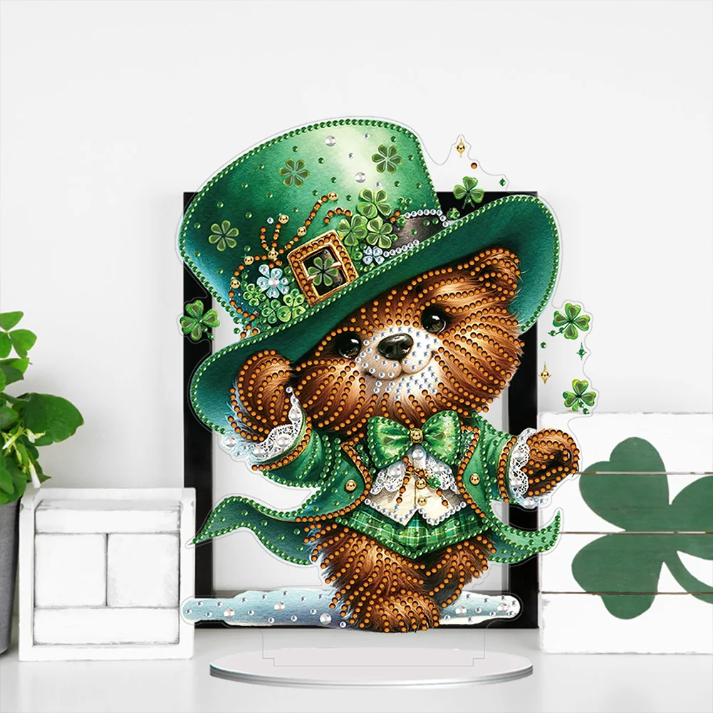 DIY Acrylic St. Patricks Day Bear Special Shape Diamond Painting Tabletop Ornament Creative Home Decor & Gift Idea for Adults - Relaxing Craft Activity
