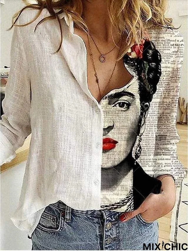 Women's Blouse Shirt Portrait Long Sleeve Print Shirt Collar Tops Basic Top White