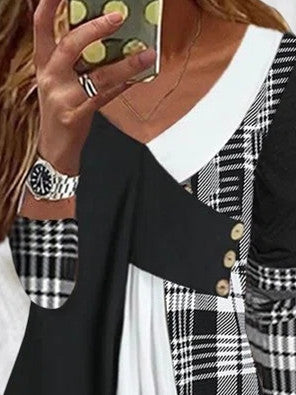 Women Long Sleeve V-neck Plaid Stitching Tops