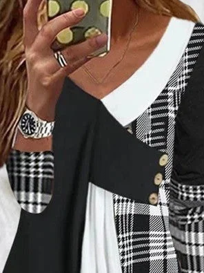 Women Long Sleeve V-neck Plaid Stitching Tops