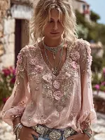 Vintage Pink Rose Embroidered Long Sleeve Cozy Linen T Shirt