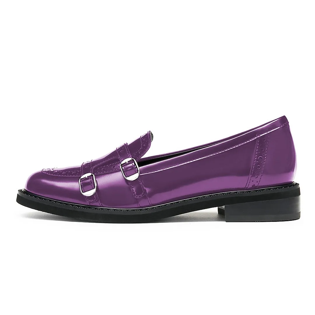 Purple Round Toe Perforated Patterns Women's Loafers with Buckles