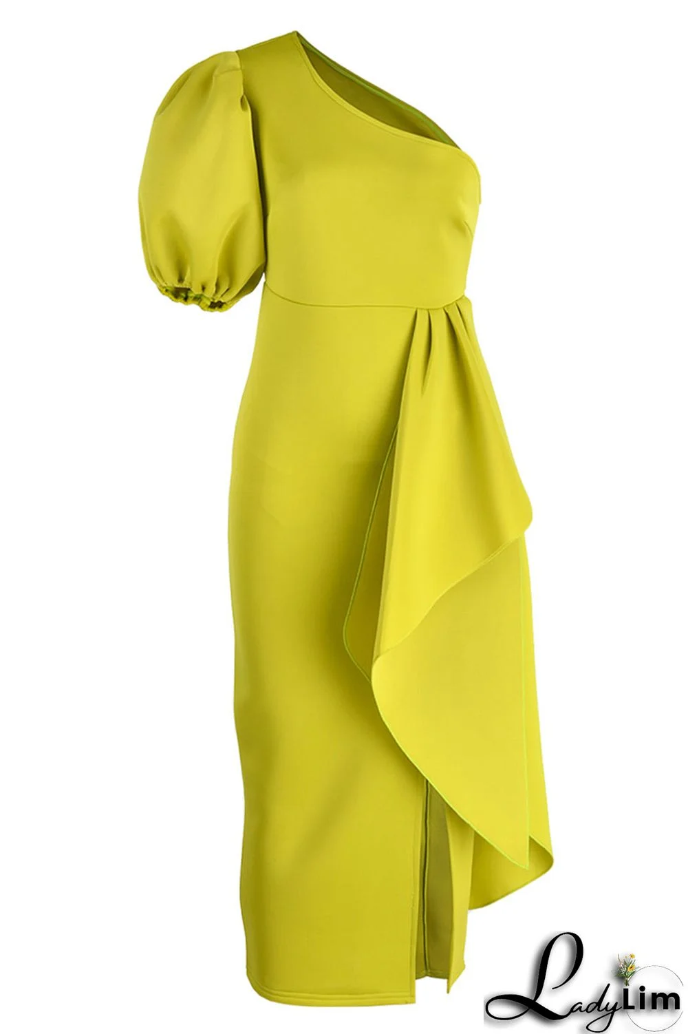 Yellow Celebrities Elegant Solid Patchwork Flounce Asymmetrical Oblique Collar Evening Dress Dresses