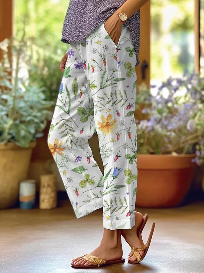 Women's Floral Design Loose Pocket Patchwork Casual Pants