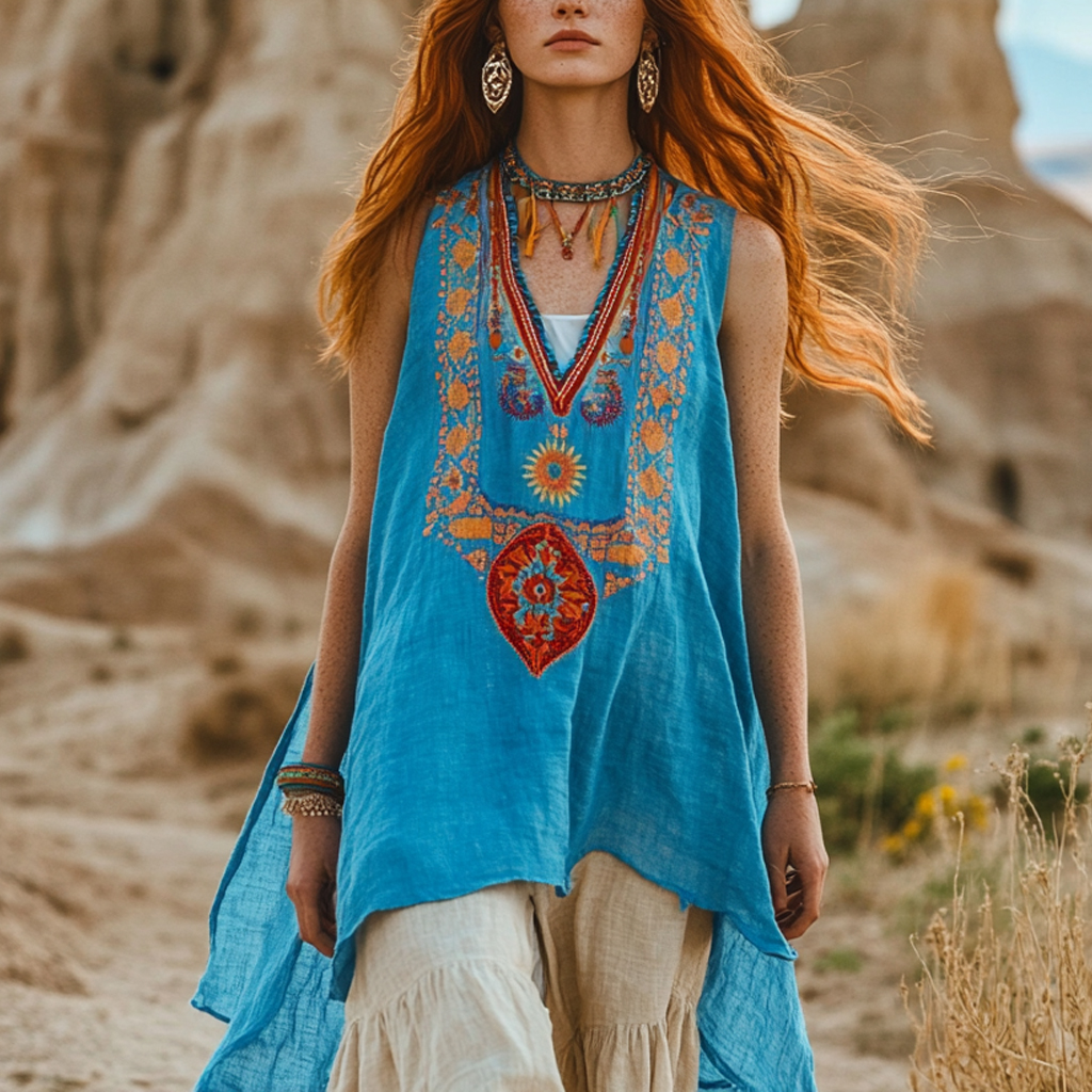 Desert Style Holiday Bohemian Vintage Linen Casual Top
