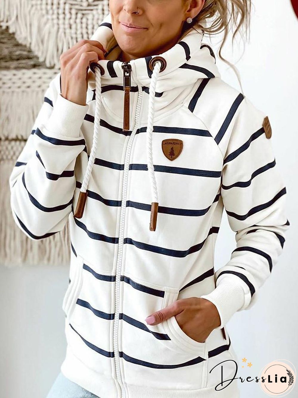 Pocket Striped Turtleneck Drawstring Coat