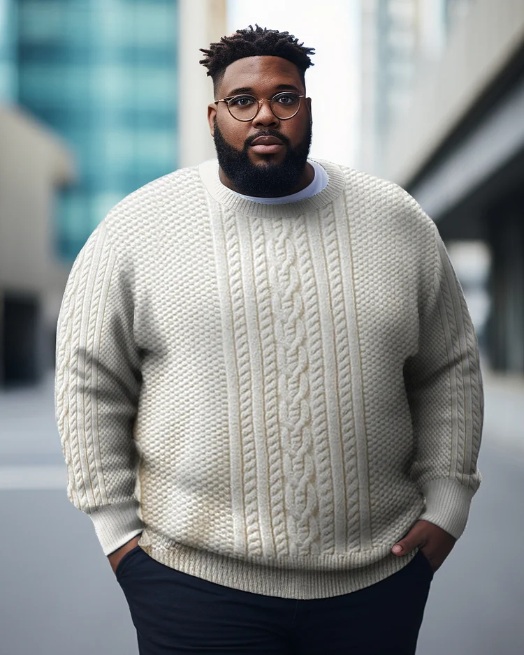 Men's Plus Size Casual Apricot Long Sleeve Warm Crew Neck Sweater