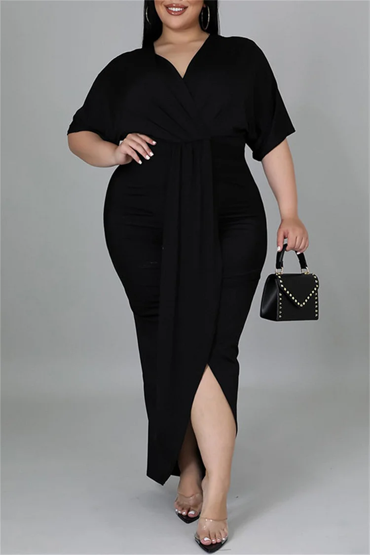 Black Fashion Casual Solid Patchwork V Neck Short Sleeve Dress Plus Size Dresses
