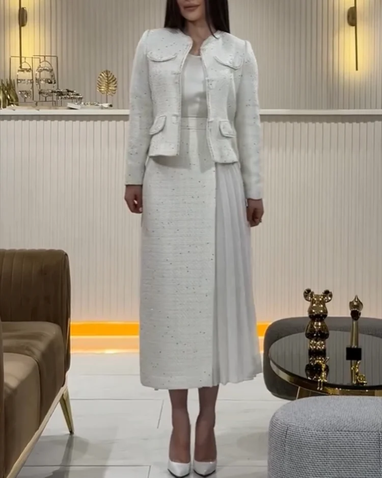 Women's White Pleated Two-piece Dress