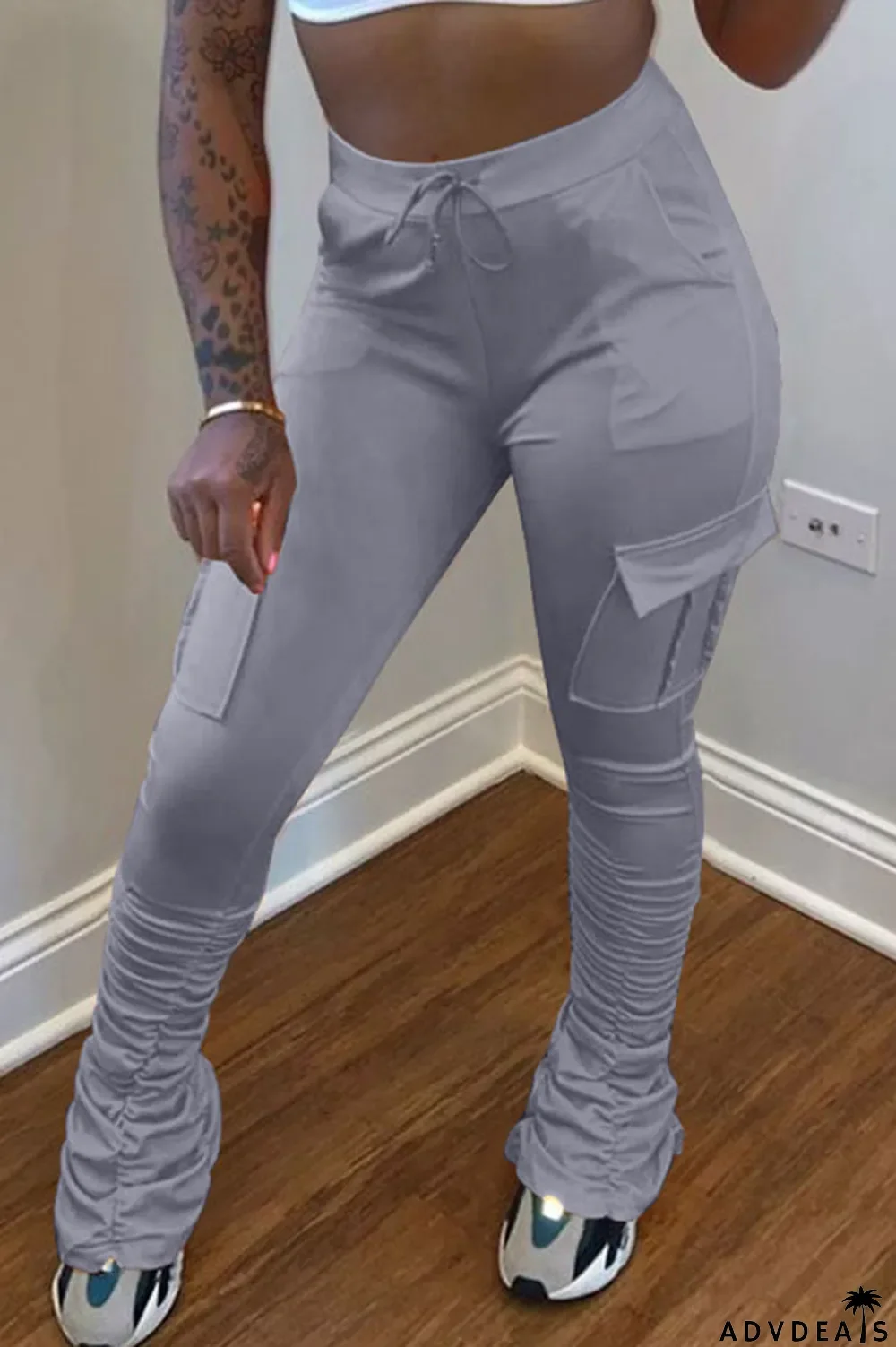 Orange Drawstring High Solid Pocket Draped Boot Cut Pants Bottoms