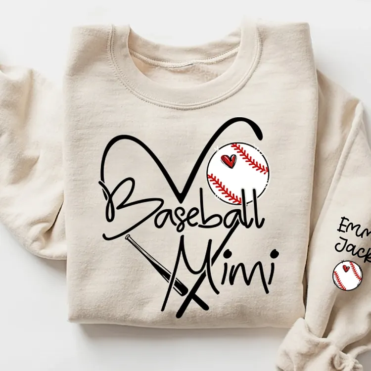 Baseball Mimi Sweatshirt Personalized with Grandkids Names, Heart and Bat Sports Family Sweatshirt