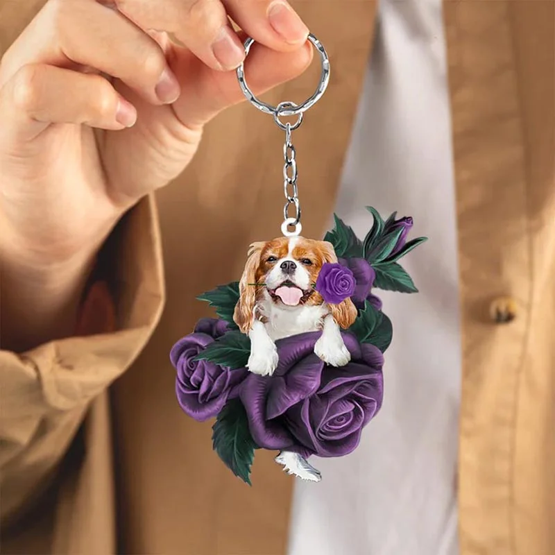 VigorDaily Cavalier King Charles Spaniel In Purple Rose Acrylic Keychain PR052